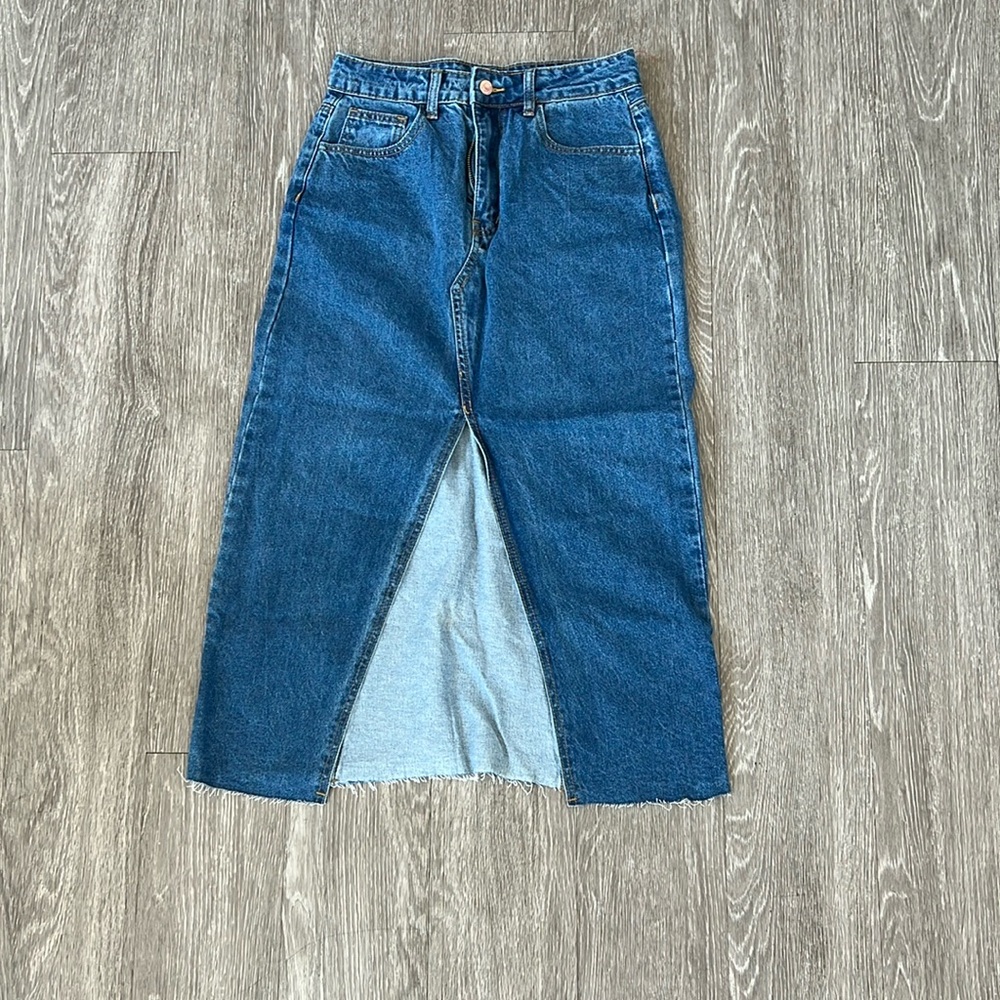 Long, denim skirt
